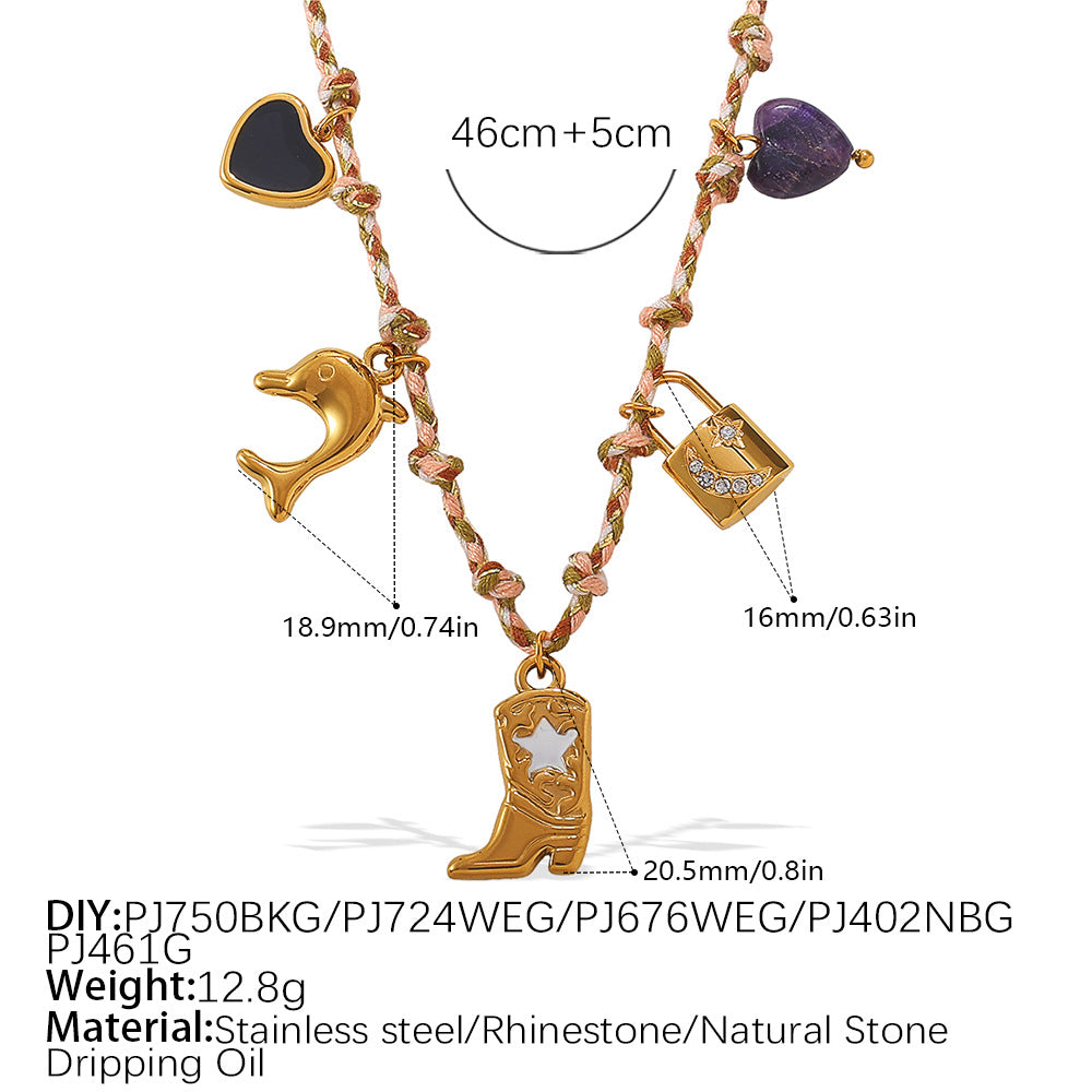 Wholesale  Retro Seaside Style DIY Freshwater Pearl Pendant Bracelet Stainless Steel Plated 18K Gold Ceramic Pendant Necklace for Women