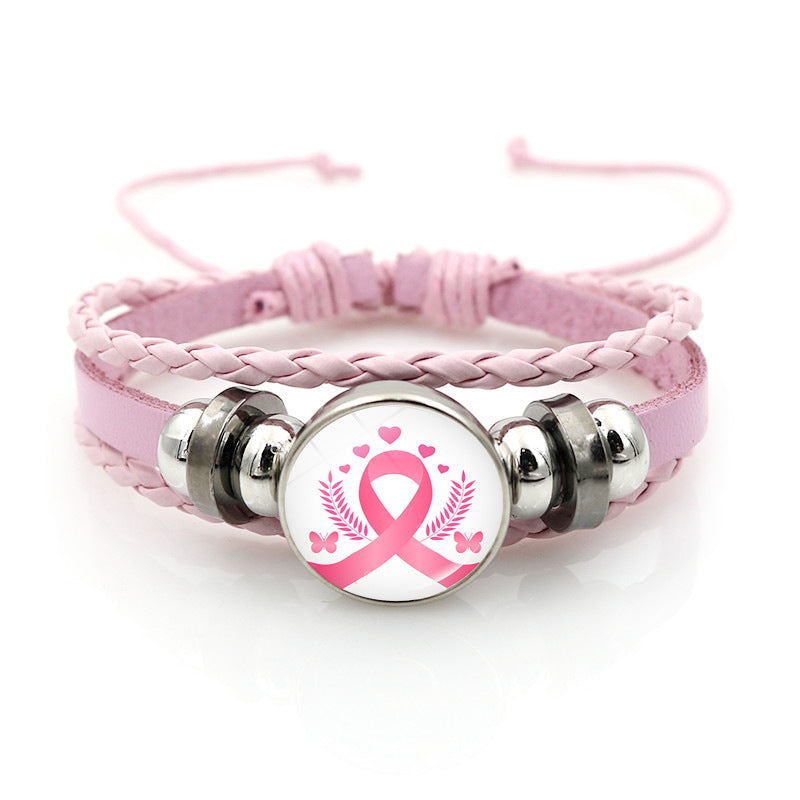 Wholesale Pink Ribbon Breast Consciousness Pink Leather Bracelet
