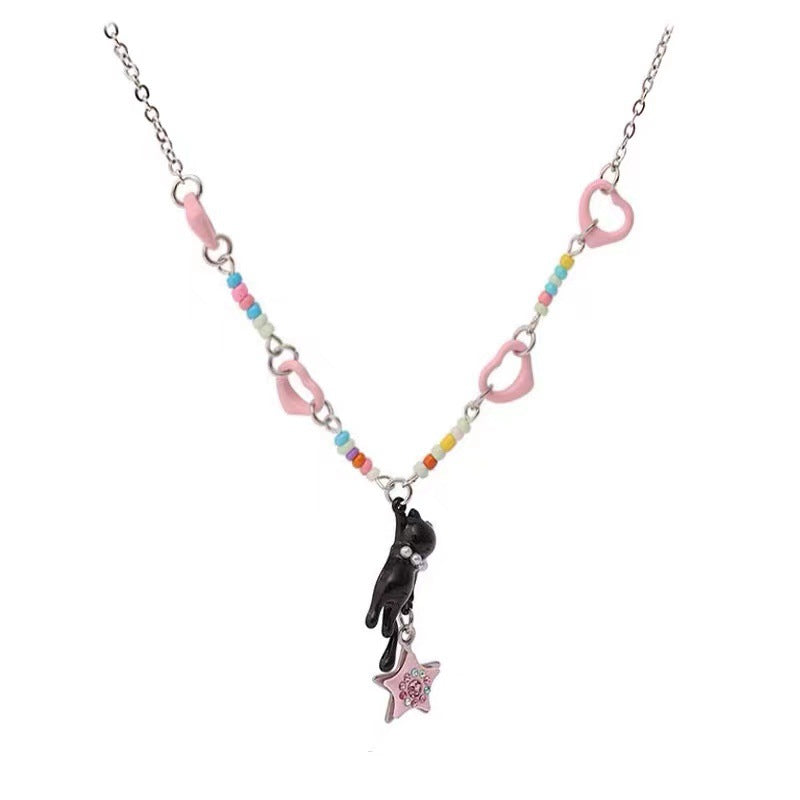 Wholesale Black and White Cat Pink Stars Beaded Necklace