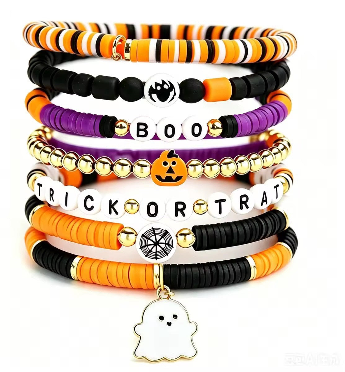 Wholesale Stylish Polymer Clay Beaded Bracelet Set,   White Ghost Theme,  7-Piece Jewelry Accessory for Boutique Resale
