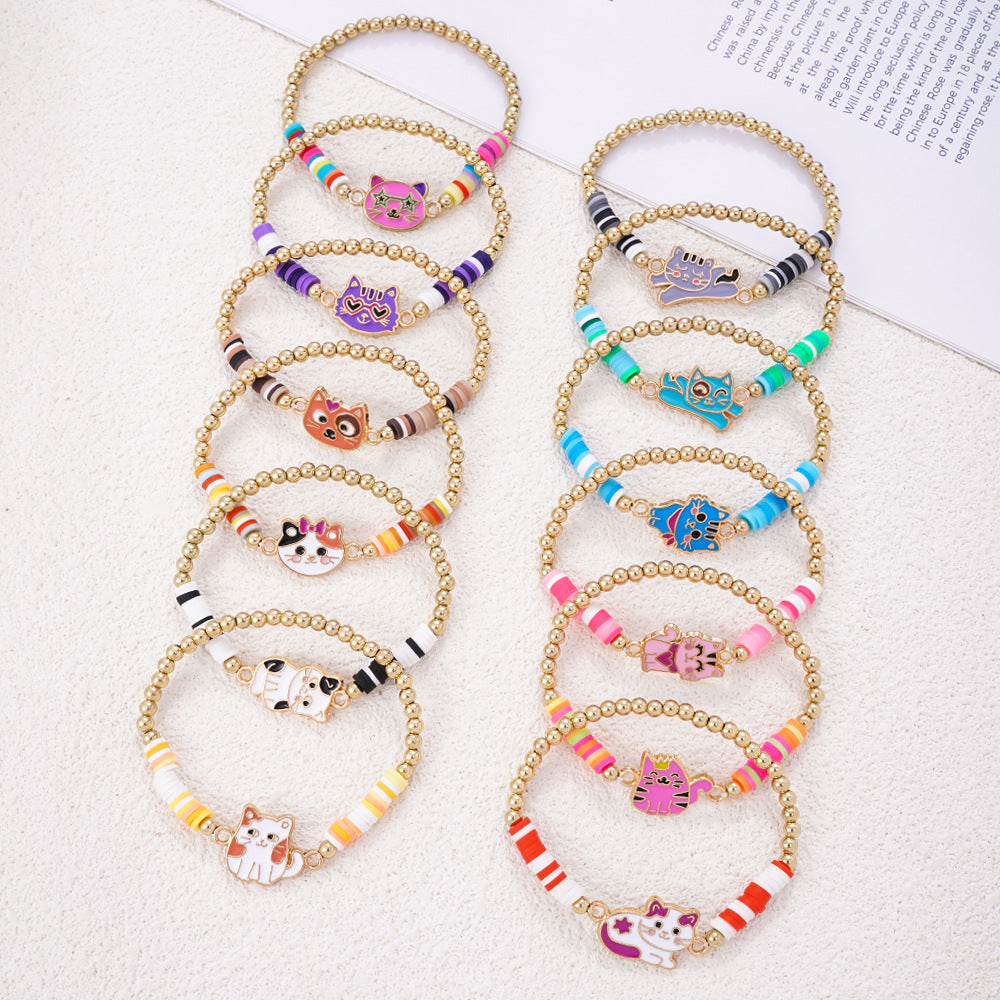 Wholesale Colorful polymer clay beaded cartoon animal pattern bracelet hand-woven adjustable size children' s jewelry