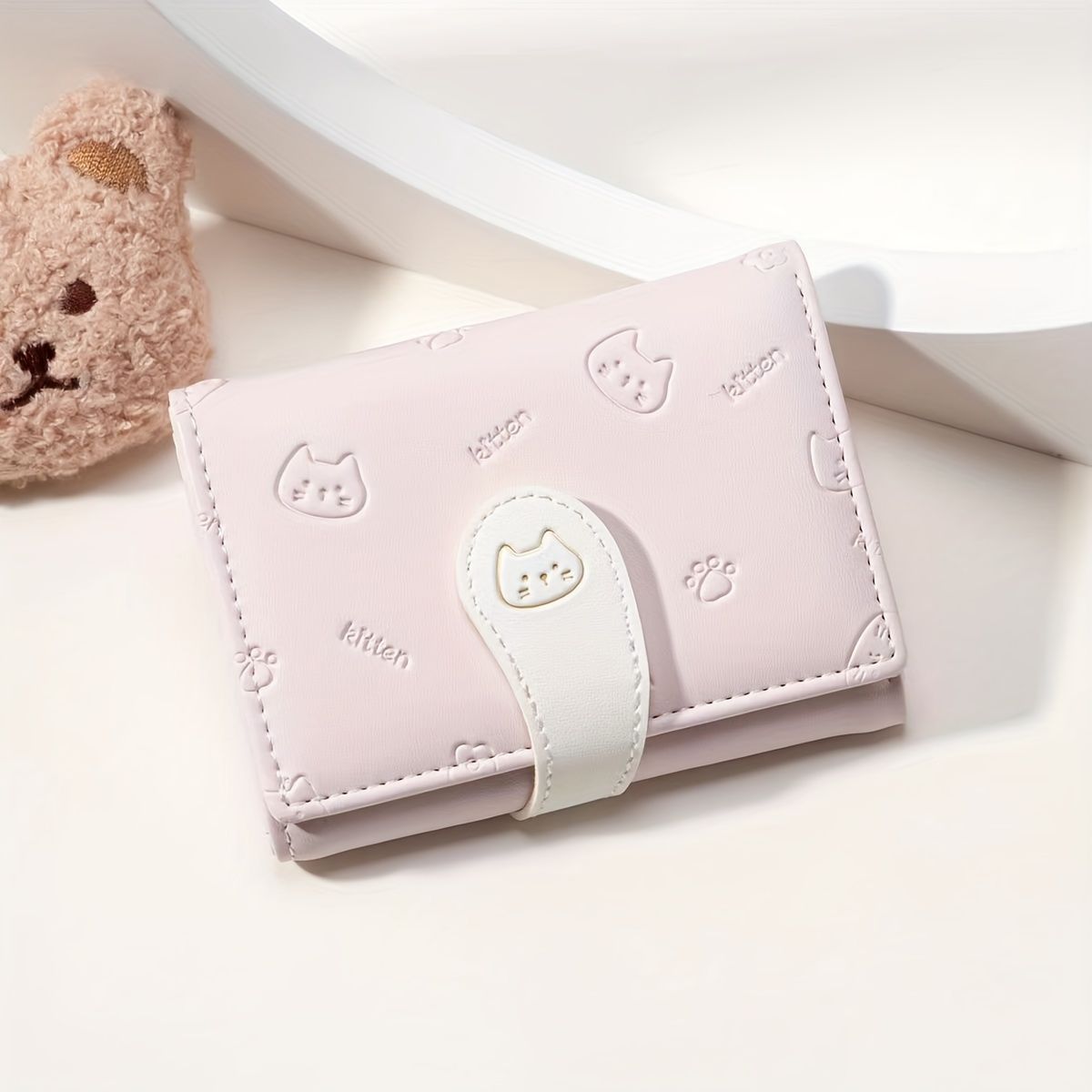 Wholesale Trendy PU Women' s Short Wallet with Pink Cat Pattern,  Fresh Sweet Folding Purse,  Boutique Resale Accessory