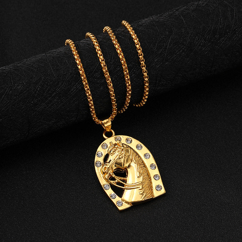 Wholesale  zinc alloy gold plated diamond horse head pendant necklace