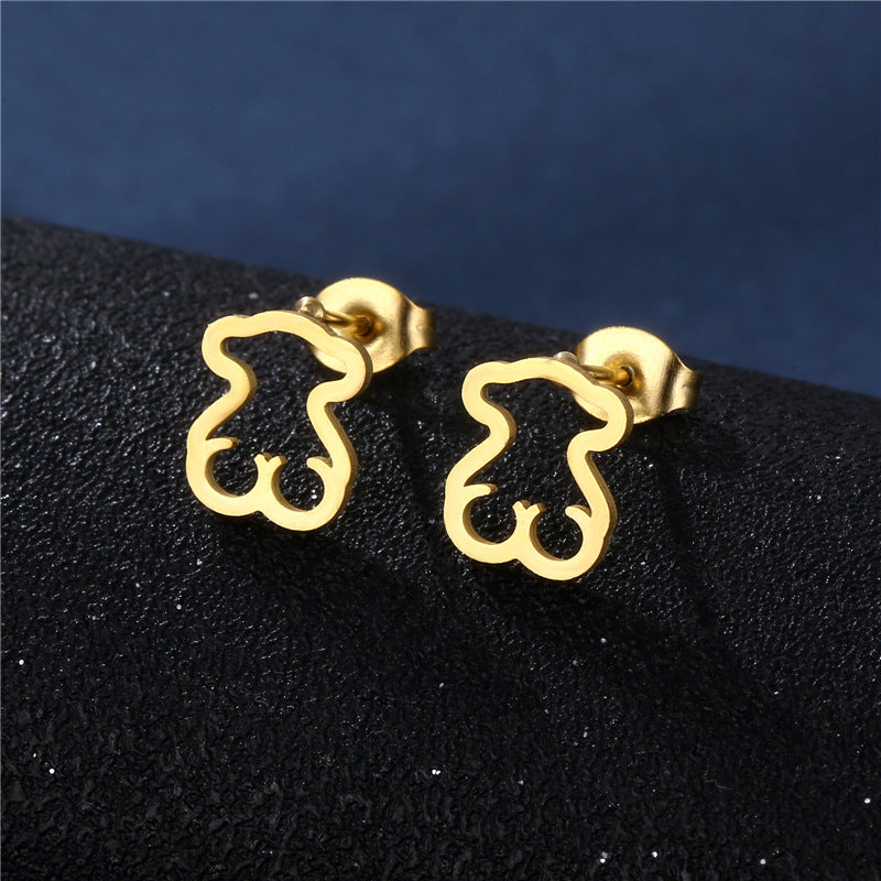 Wholesale Golden Stainless Steel Hollow Glossy Bear Necklace and Earrings Set ACC-ES-MinM002