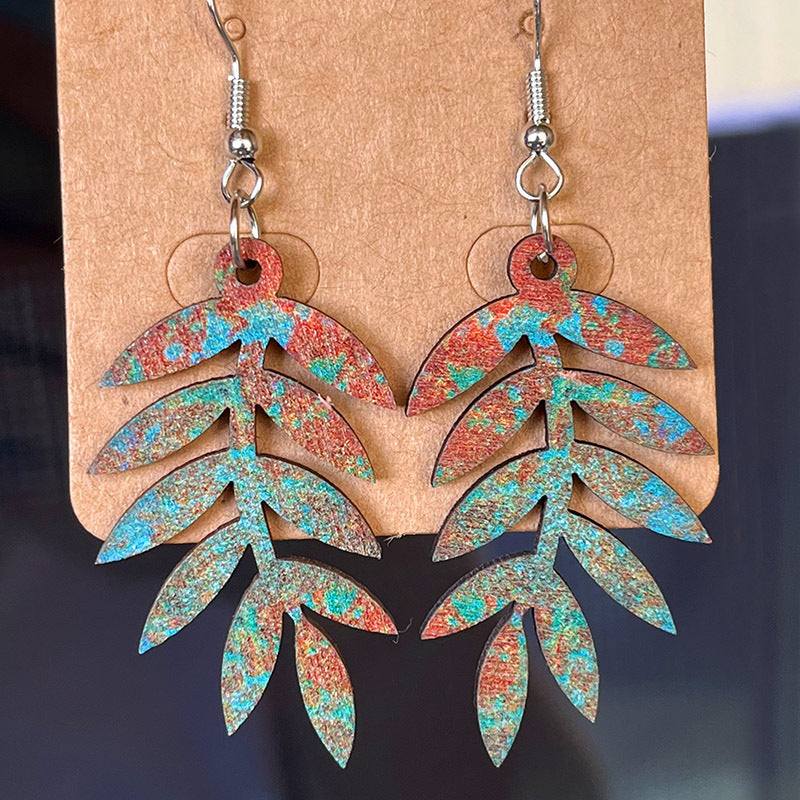 Wholesale Vintage Distressed Hollow Leaf Wooden Earrings Fashion Jewelry Accessory