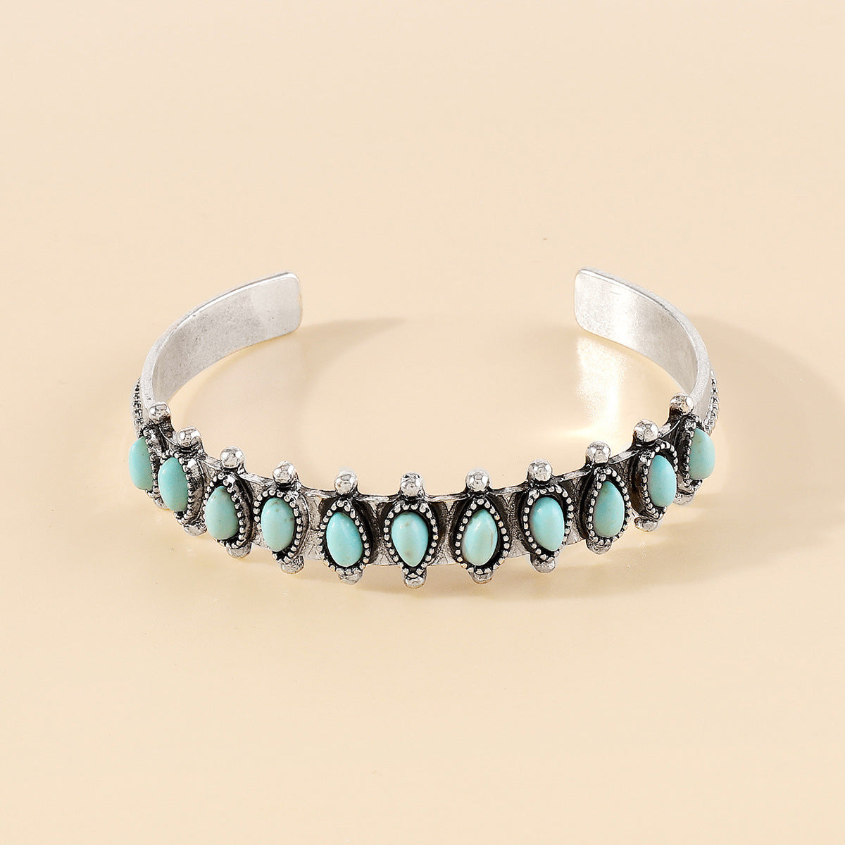 Wholesale Bohemian ethnic style creative open bracelet vintage alloy silver turquoise geometric bracelet for women