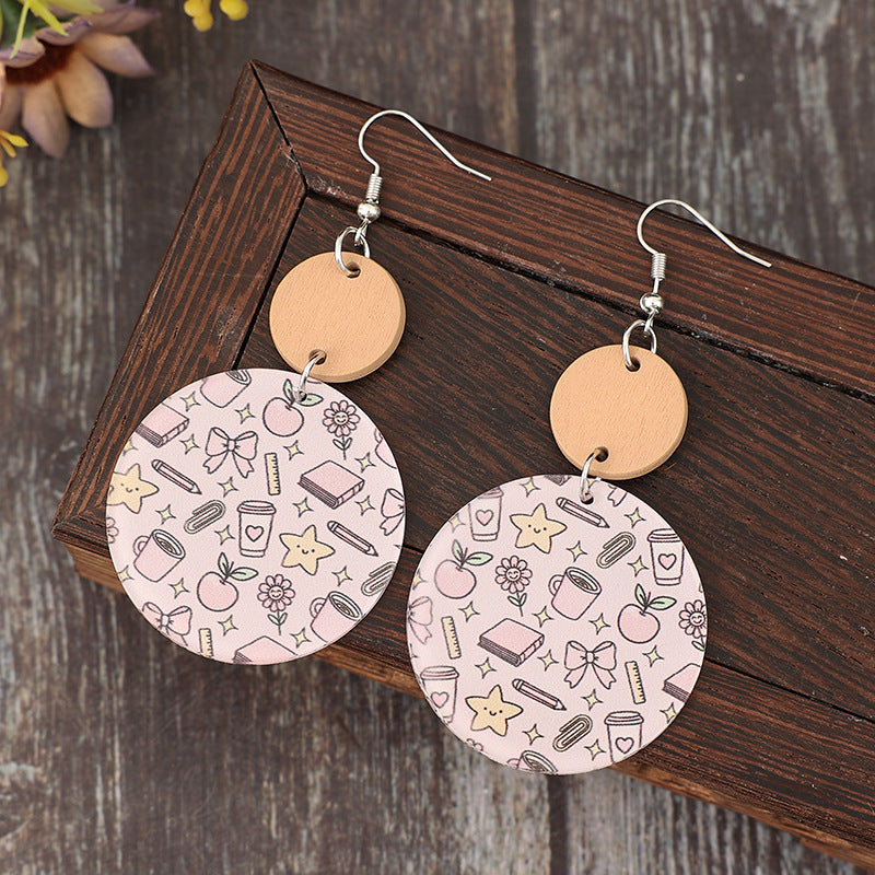 Wholesale  Fresh Style for the Beginning of School Season and Graduation Season Round Printed Pencil Pattern Acrylic Fashion Earrings