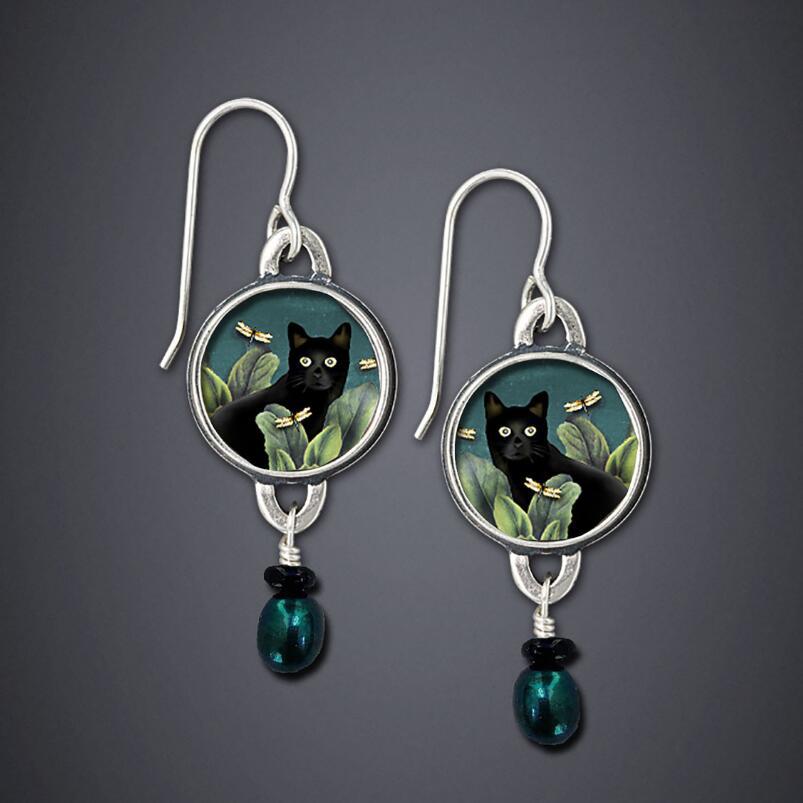 Wholesale Retro Cat Pattern Drop Earrings with Pearl Accent - Vintage Style Alloy Jewelry Accessory,  Gift for Women
