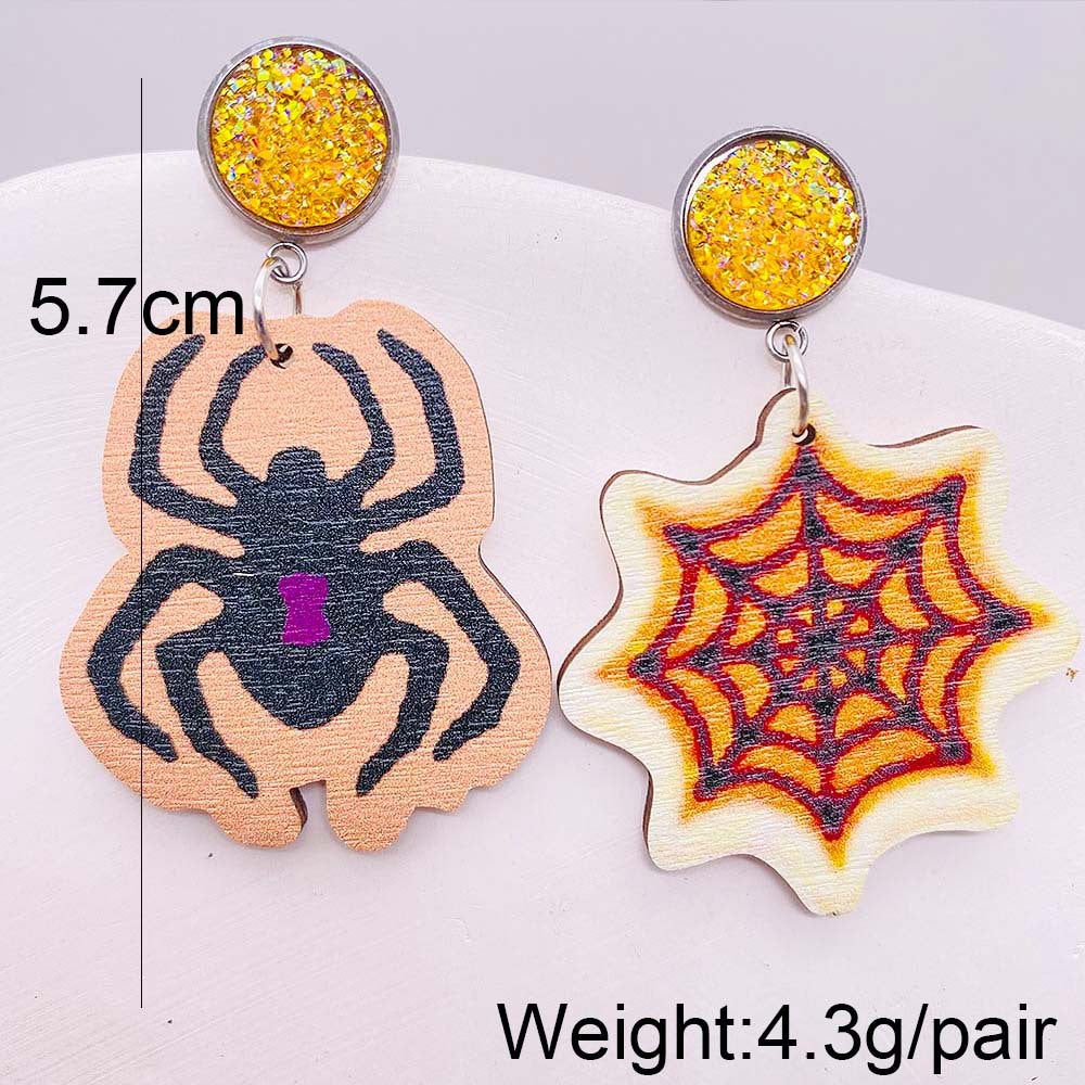 Wholesale Halloween Pumpkin Forest Skull Spider Web Wood Earrings ACC-ES-ChenY081