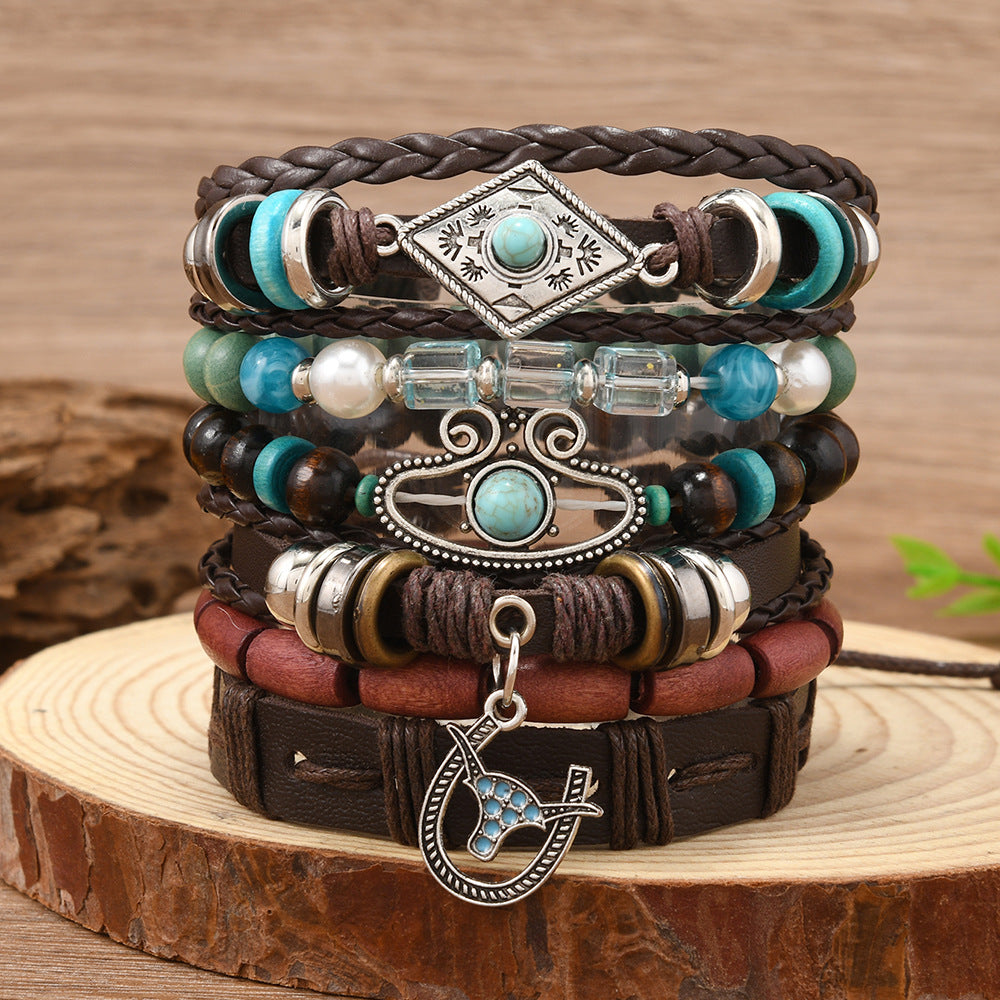 Wholesale Retro Style Bullhead Cactus Multi-Layer Leather Braided DIY 6-Piece  Bracelet