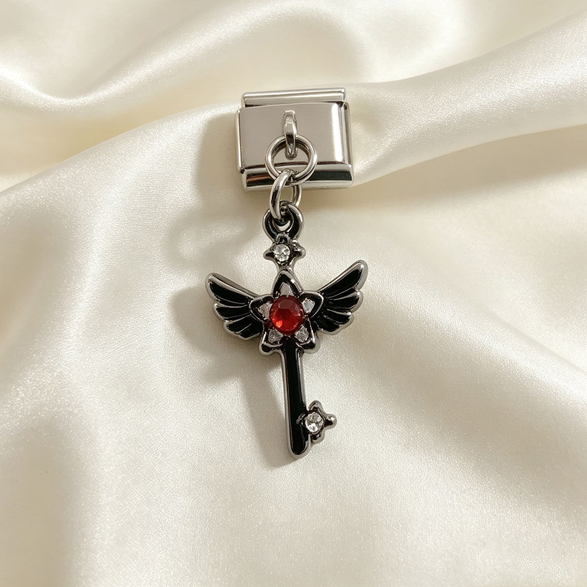 Wholesale DIY Rhinestone Wing Key Pendant Multicolor Square Bracelet Charm Accessory Stainless Steel Jewelry Making Craft Supply For Resale