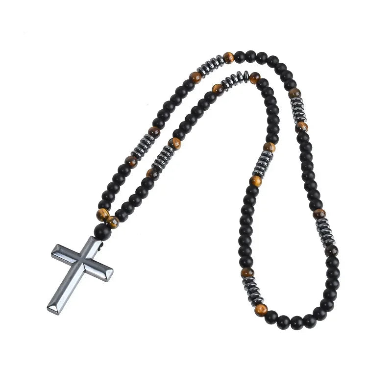 Wholesale Fashion Men's Black Obsidian Frosted Tiger Eye Stone Red Iron Mineral Ten Crosses Necklace