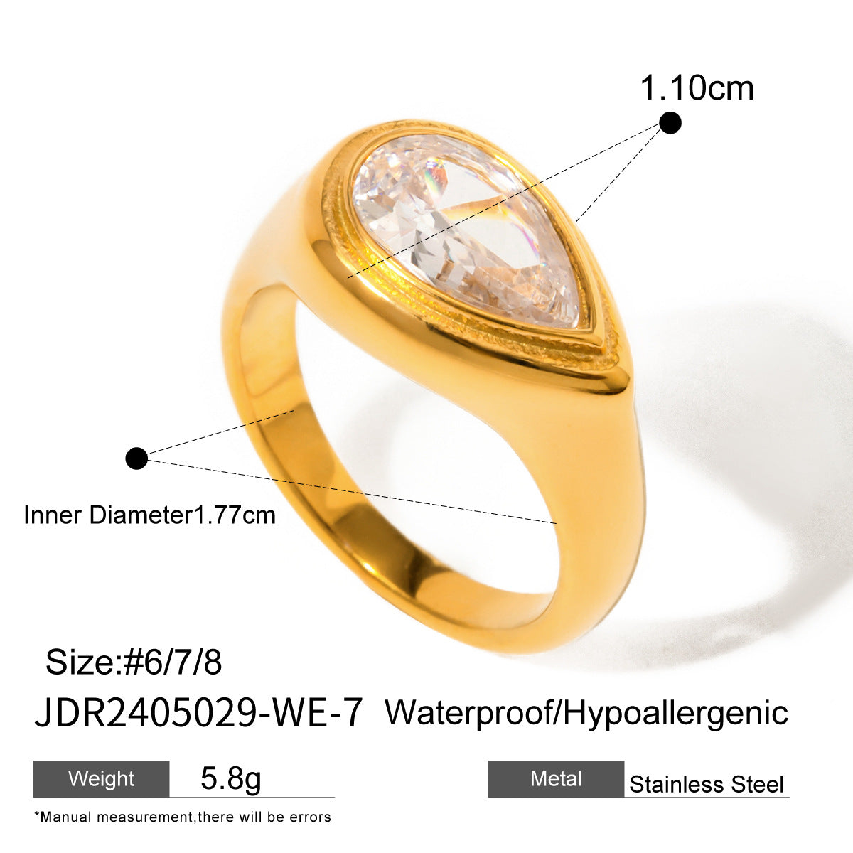 Wholesale  luxury  does not fade cold 18k gold stainless steel drop-shaped white zircon ring
