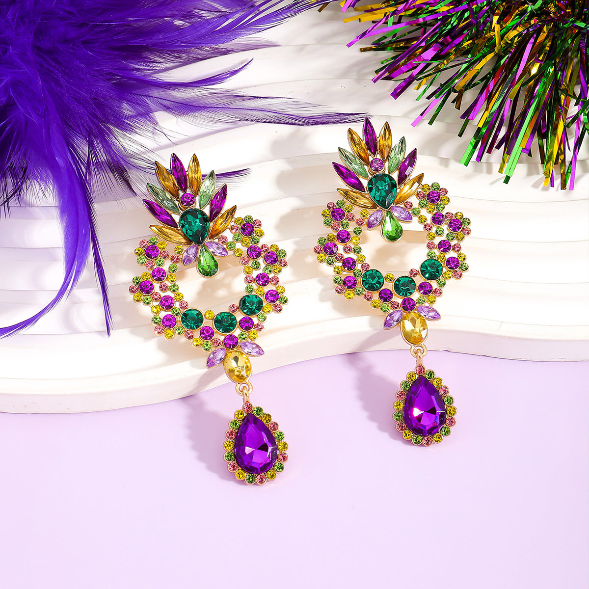 Wholesale Alloy flower-shaped carnival earrings with rhinestones