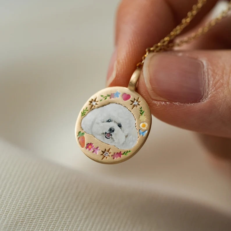 Wholesale CHand-Painted Copper Oval Tarot Card Necklace with Enamel Puppy Motif