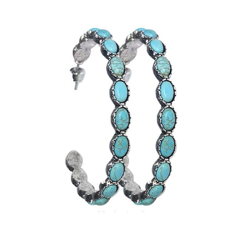 Wholesale Retro Western Style Turquoise Large Circle C- shaped Turquoise Earrings