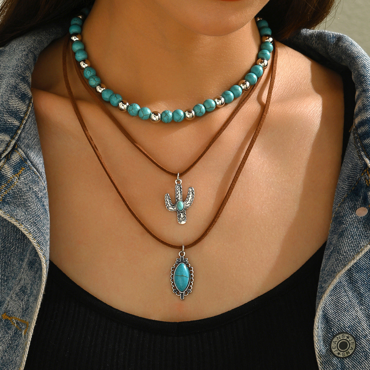 Wholesale Electroplated Alloy Cowboy Necklace Set Vintage Bull Head Turquoise Jewelry Accessory