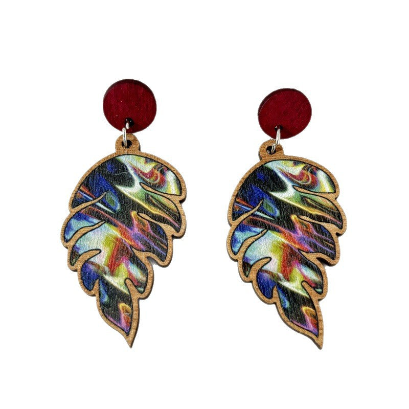 Wholesale Colorful Wooden Leaf Earrings Trendy Printed Monstera Drop Earrings Retro Fashion Jewelry Accessory Resale Boutique Gift
