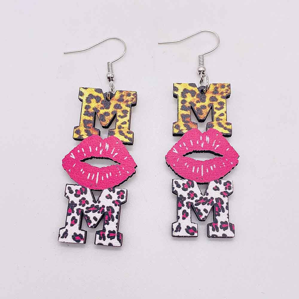 Wholesale Mother's Day Leopard Pink Lip Print MOM Wooden Earrings ACC-ES-CY010
