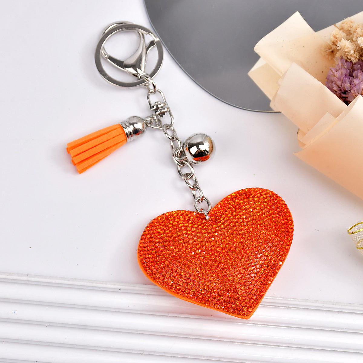 Wholesale  Peach Heart Rhinestone Leather Keychain