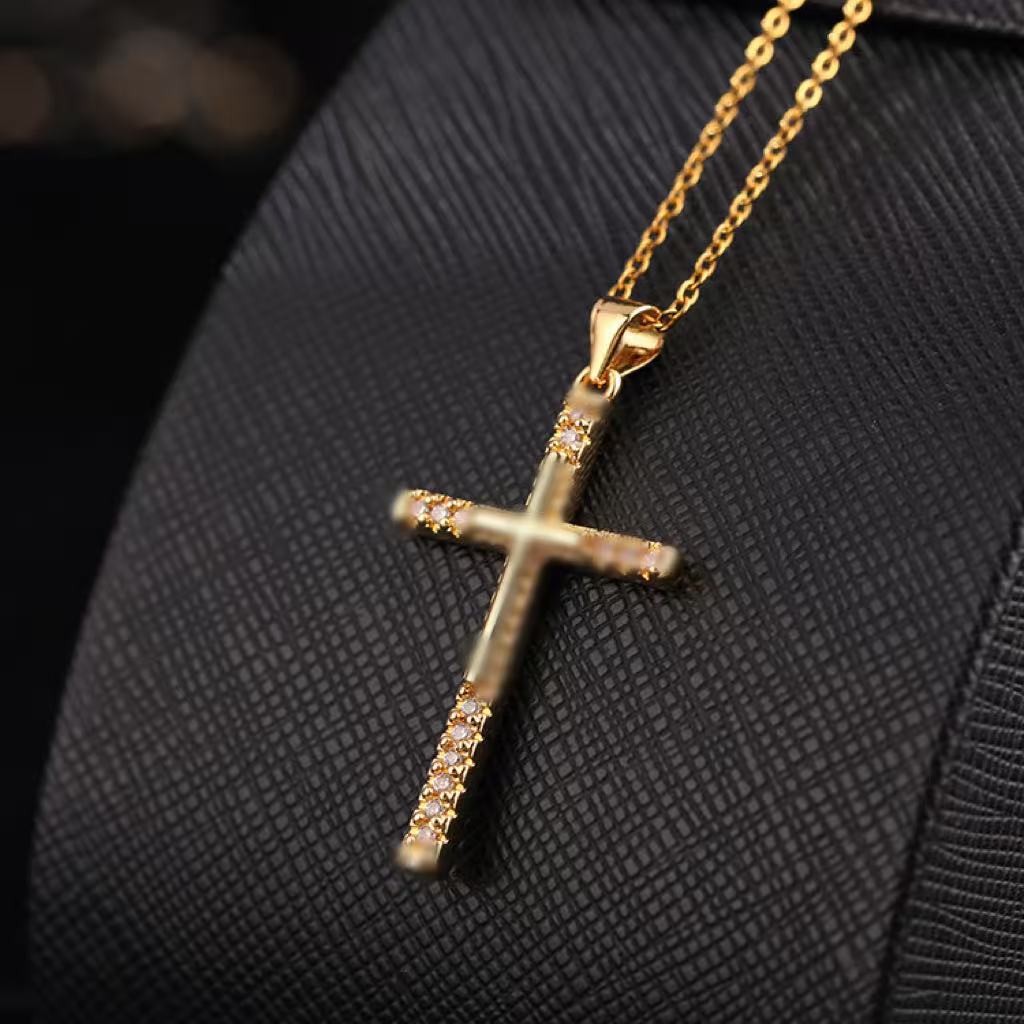 Wholesale Chic Hip Hop Cross Necklace Gold Plated Copper With Zircon Fashion Accessory For Women Boutique Resale Gift