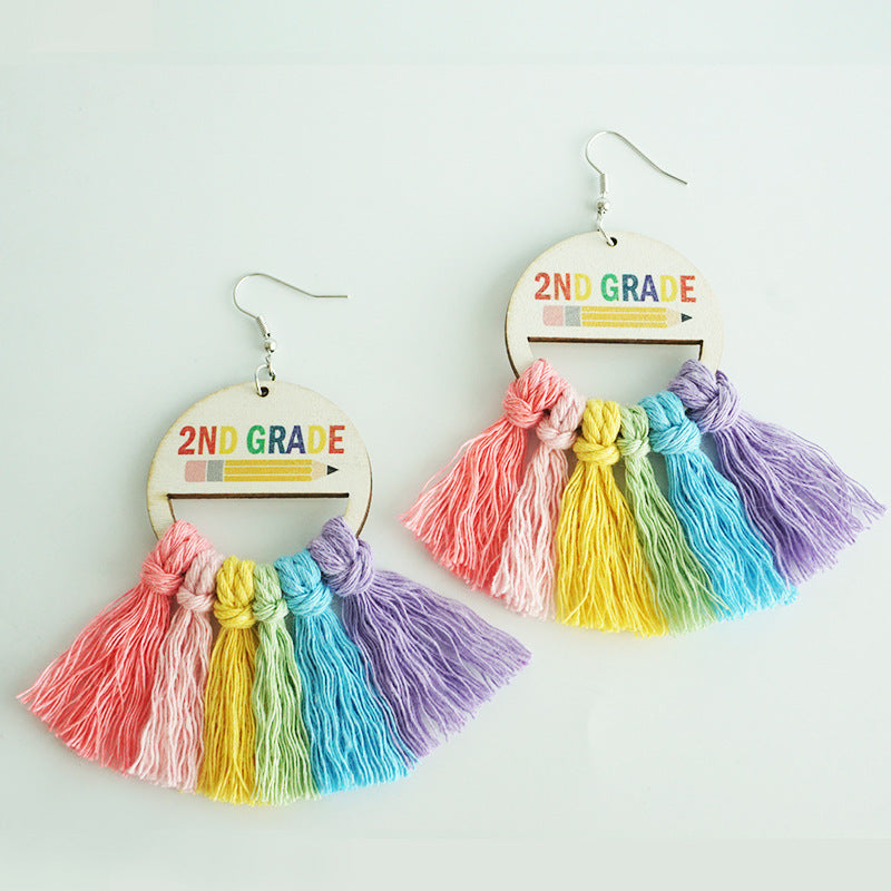 Wholesale 2 Pairs/pack Back To School Season Colorful Braided Earrings Handmade Tassel Wood Earrings ACC-ES-HY153