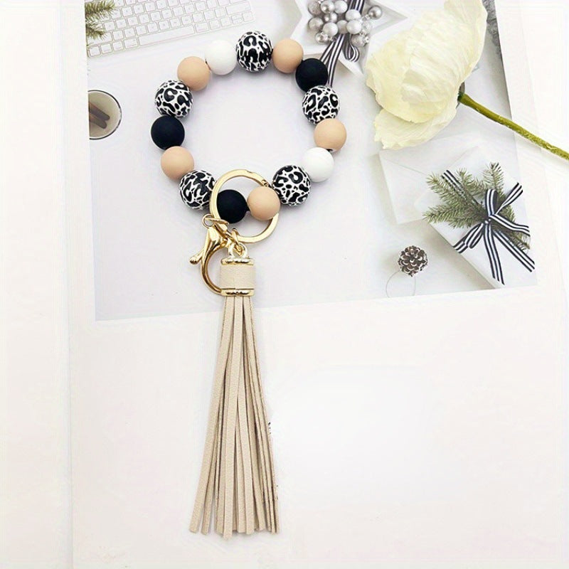Wholesale Handmade Wooden Bead Keychain Bracelet Celestial Pattern Red Boutique Resale Accessory