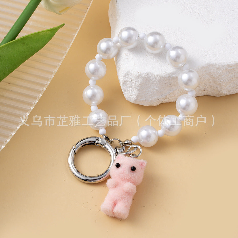 Wholesale  Heart Cute Flocking Cat Pearl Love Keychain