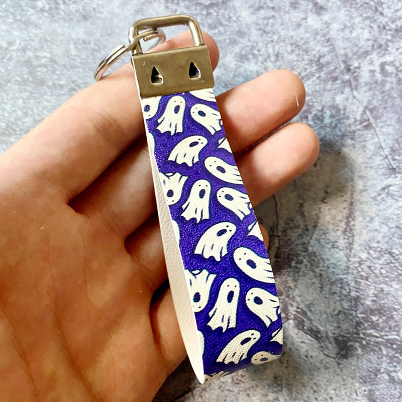 Wholesale  Leather Keychain Ghost Print,  Trendy Car Key Accessory for Resale Party Gift
