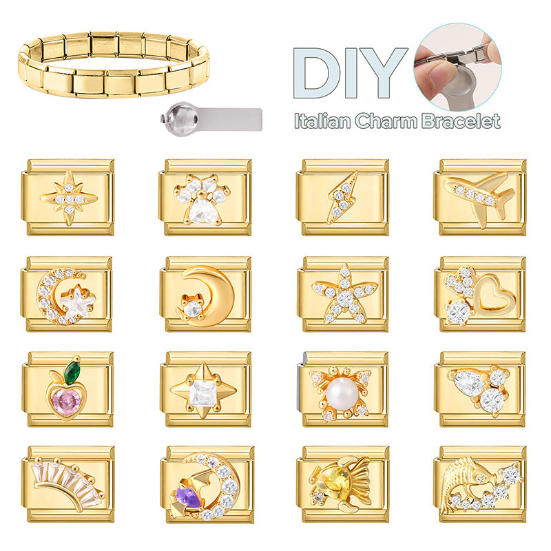 Wholesale Italian Charm Bracelet 9mm DIY Splicing Gold Micro-Inlaid Cubic Zirconia Stainless Steel Composable Bracelet