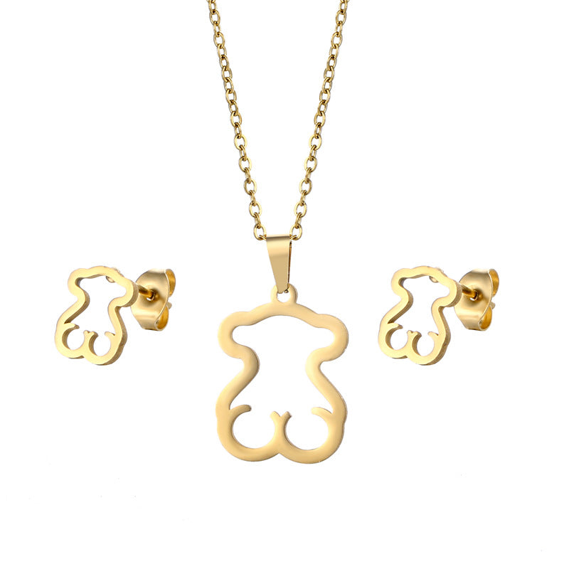 Wholesale Golden Stainless Steel Hollow Glossy Bear Necklace and Earrings Set ACC-ES-MinM002