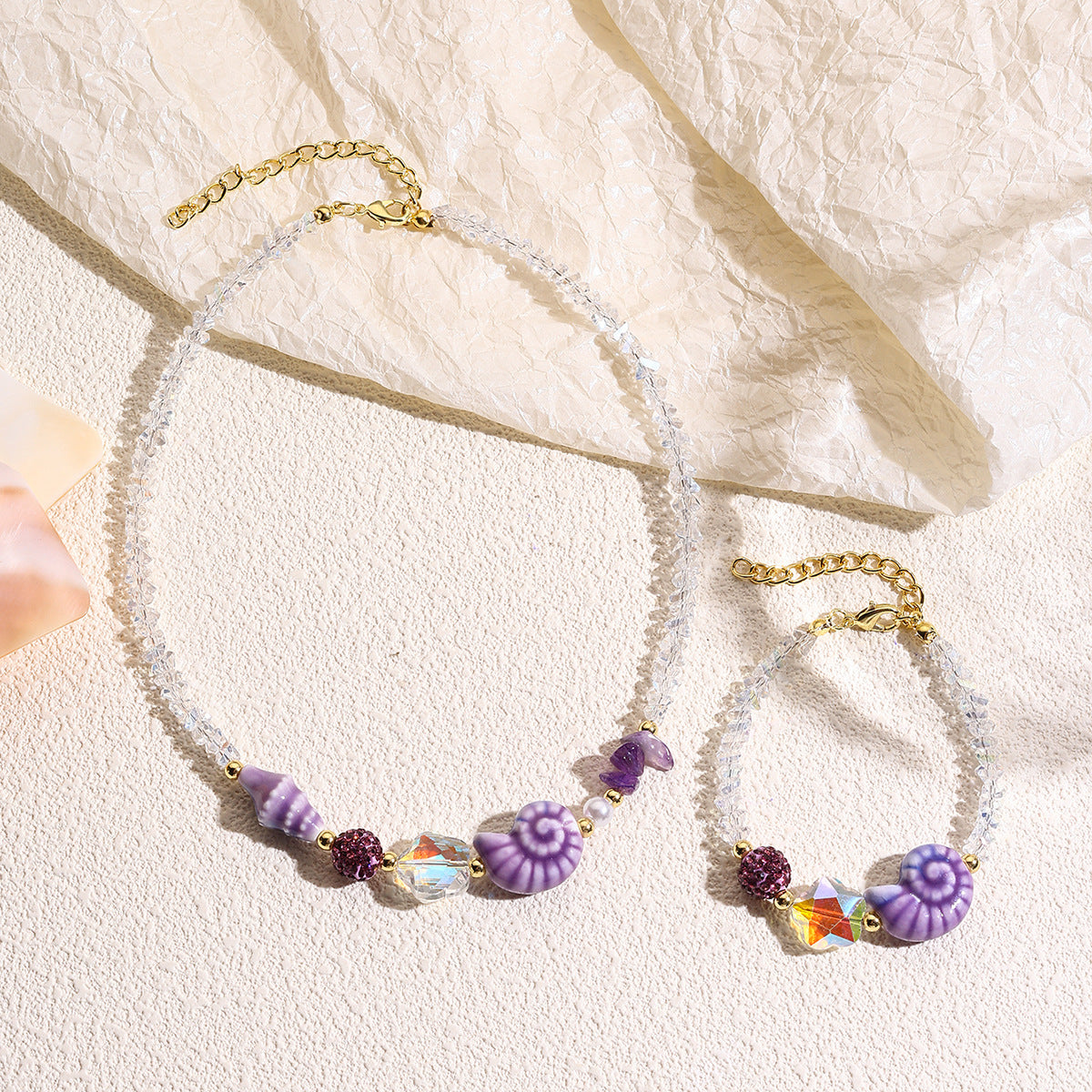 Wholesale Starfish shell necklace with marine resort style colorful crystal beaded necklace bracelet set