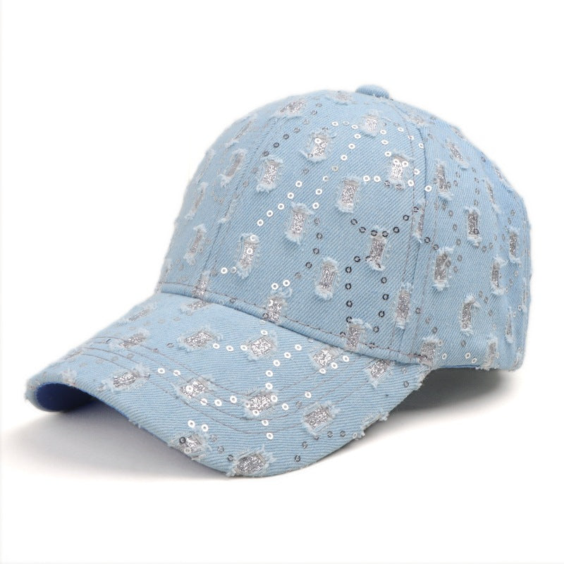 Wholesale  brand new denim sequins broken hole baseball cap