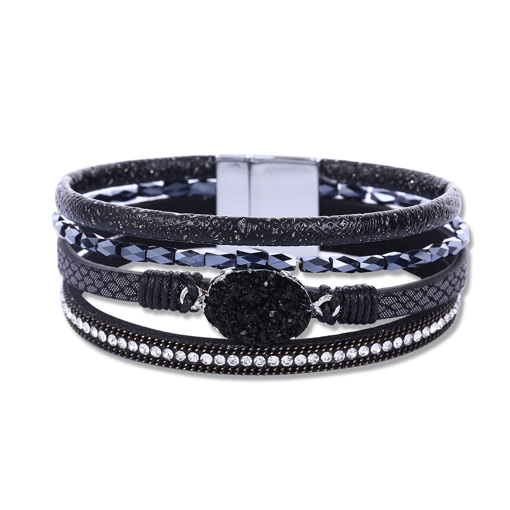 Crystal embellished diamond braided leather bracelet with magnetic clasp ACC-BT-Hongx002