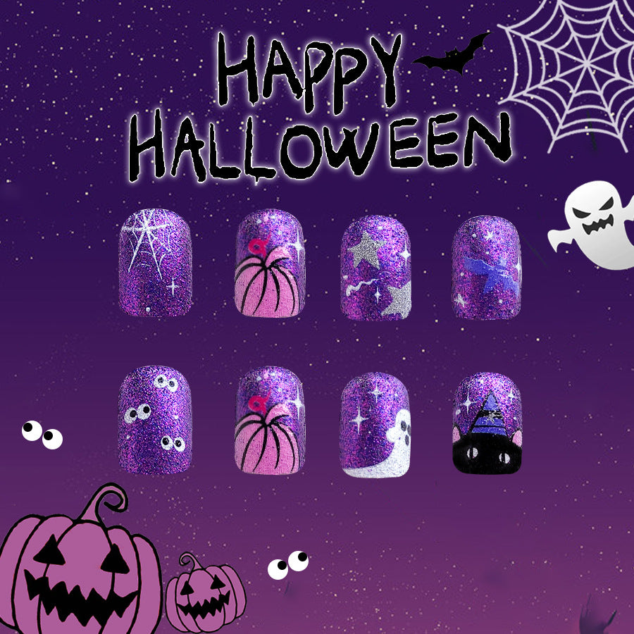 Wholesale 24 Pieces/box Halloween Short Purple Press-on Nails Kits Nail Stickers ACC-NS-GuaiXL116
