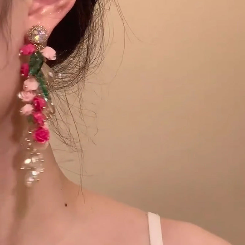 Wholesale Pink Flower Crystal Tassel Earrings