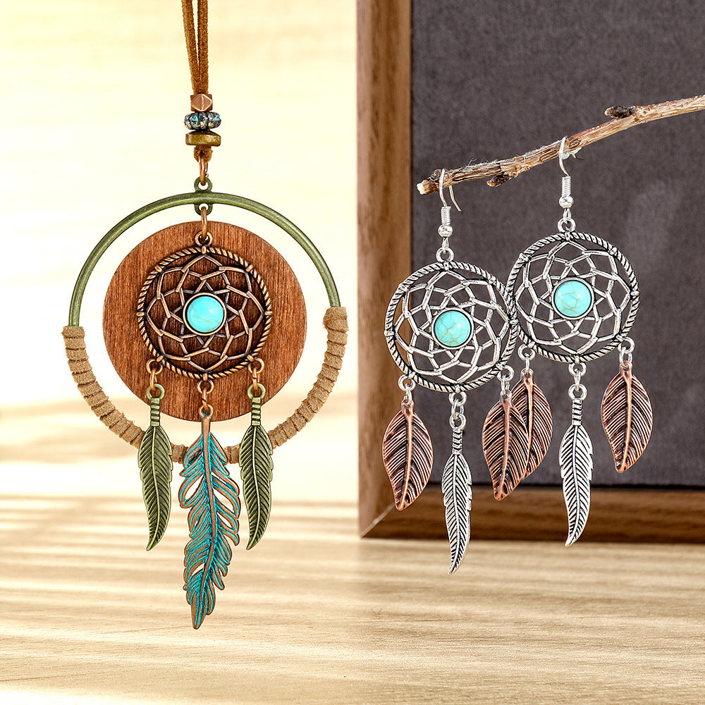 Wholesale Dream Catcher  Web Earrings and Necklace Set,  Alloy with Feather Tassel,  Ethnic Style Jewelry for Gift,  Party,  or Resale
