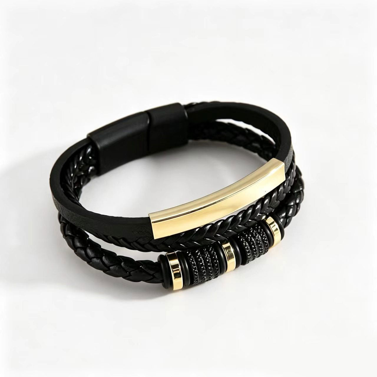 Wholesale Woven PU Leather Men S Fashion Bracelet Three Layer Design With Engravable Alloy Magnetic Clasp Everyday Accessory