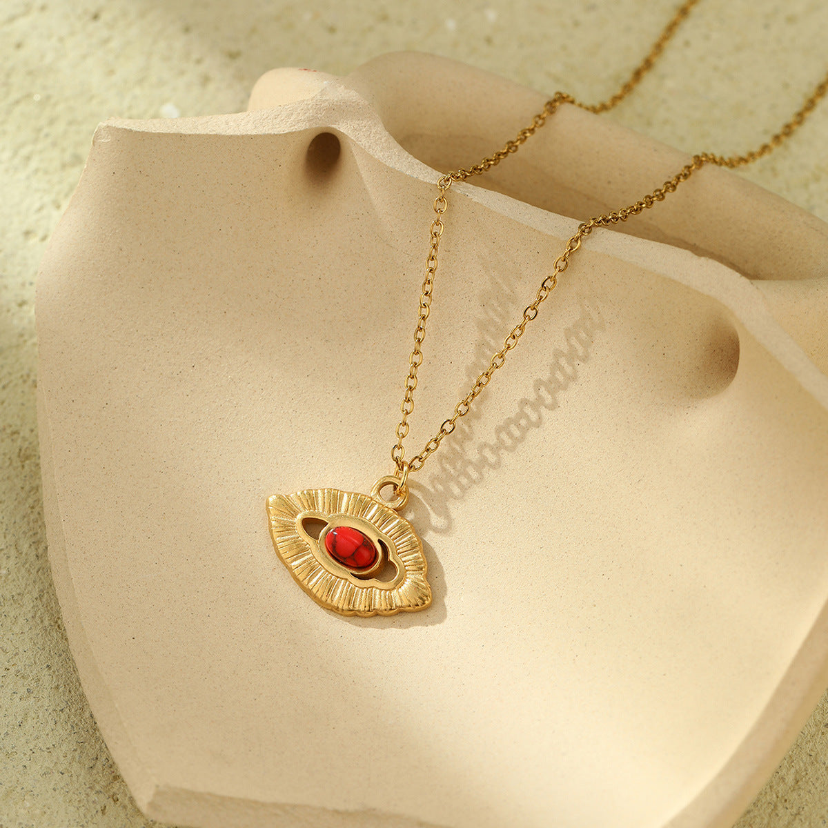 Wholesale  Devil's Eye Sun Moon Disc Natural Stone Pendant 18K True Gold Stainless Steel Necklaces