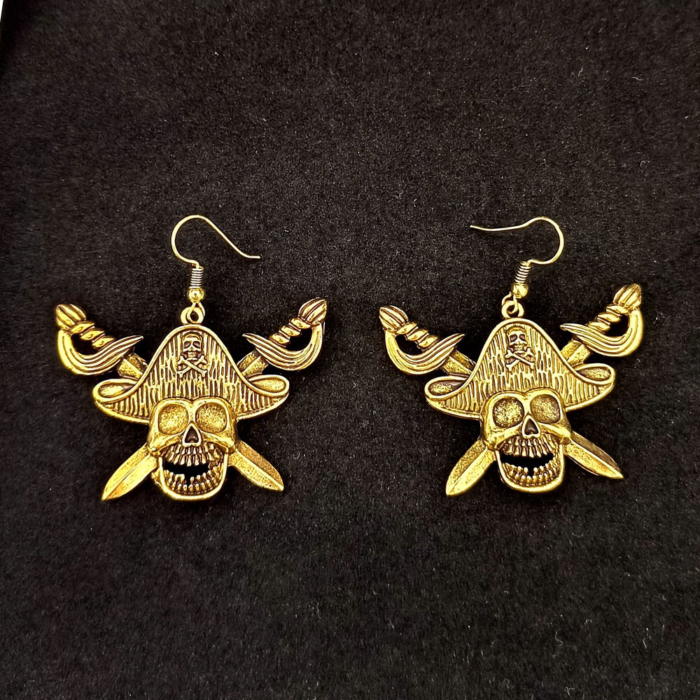 Wholesale Alloy Ancient Silver Pirate Skull Earrings -  Men' s Fashion Accessory