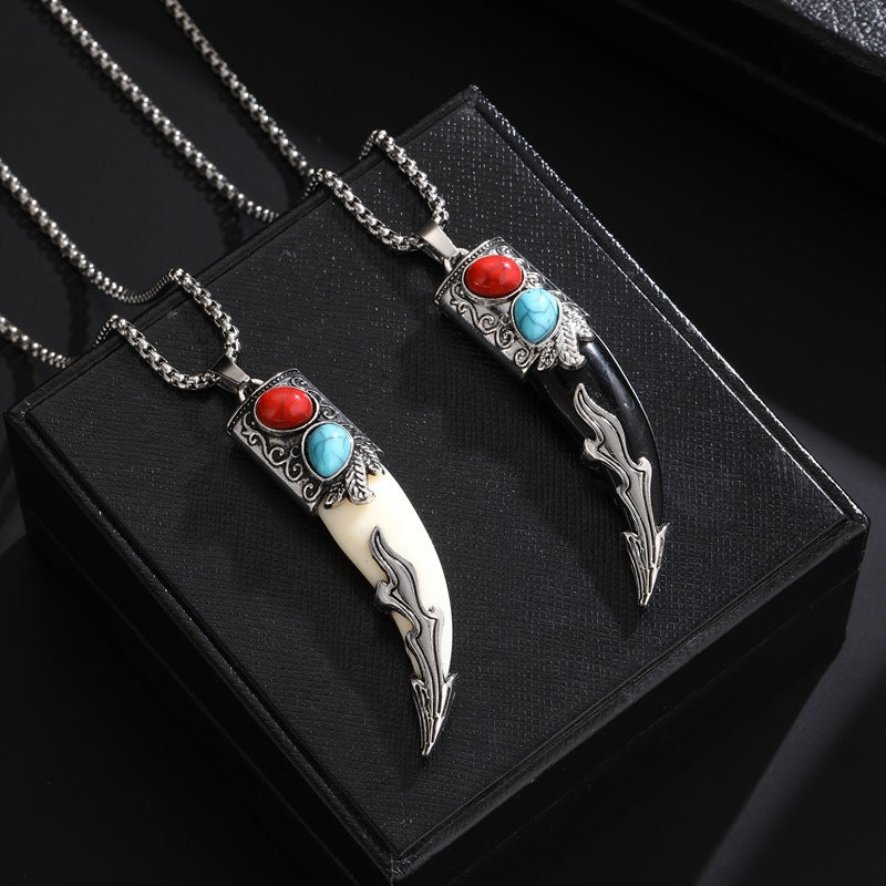 Wholesale Stainless Steel Ethnic Retro Wolf Tooth Pendant Necklace White Charm With Pearl Chain Fashion Accessory For Everyday Wear