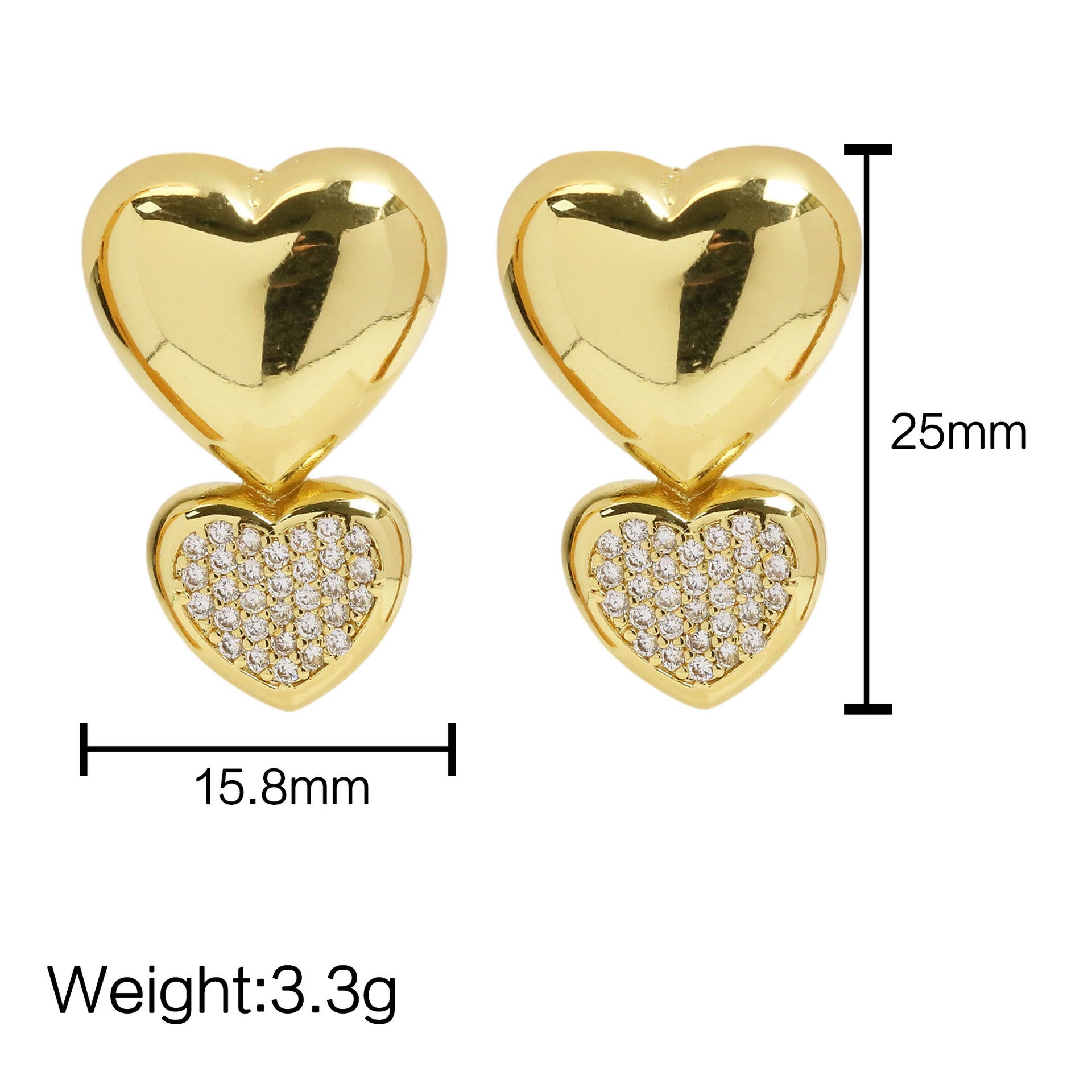 Wholesale 18k gold brass zircon smooth heart shaped earrings
