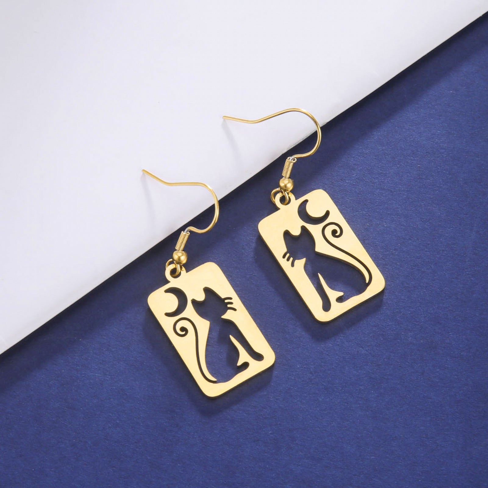 Wholesale Cat Crescent Hollow Pendant Stainless Steel Earrings Fashion Accessory