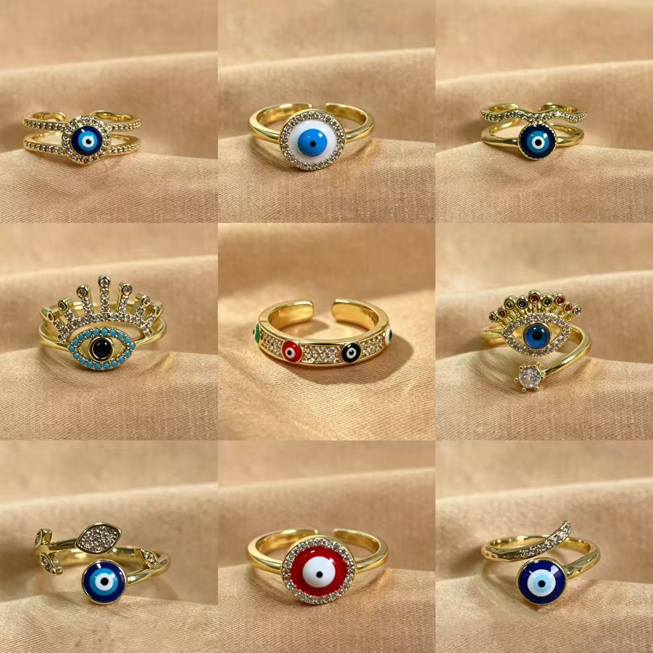 Wholesale 18K Gold Plated Brass Devil' s Eye Open Ring with Blue Zircon Jewelry Accessory