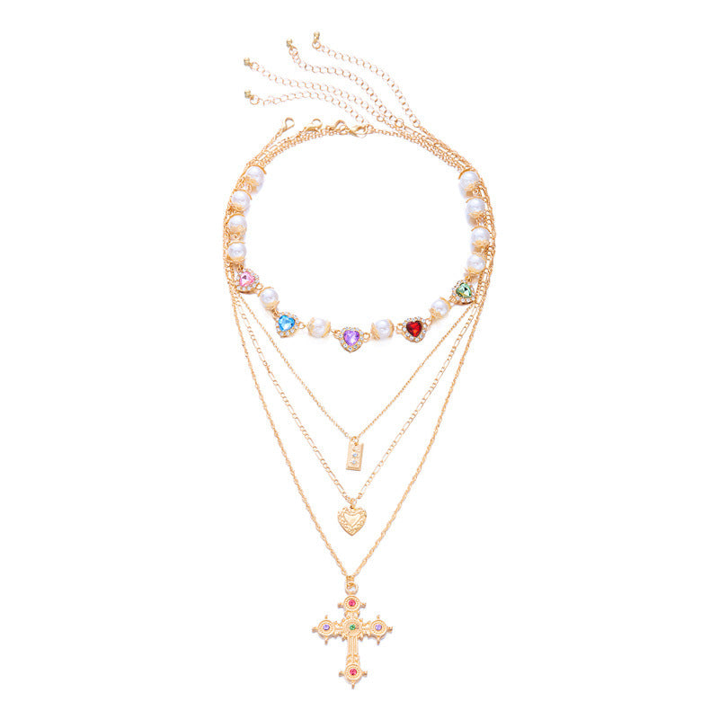 Wholesale  cross necklace  colored diamond cross multilayer necklace