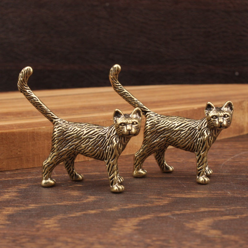 Wholesale Brass Cat Figurine Long-Tailed Chinese Style Retro Home Decor Decorative Accent