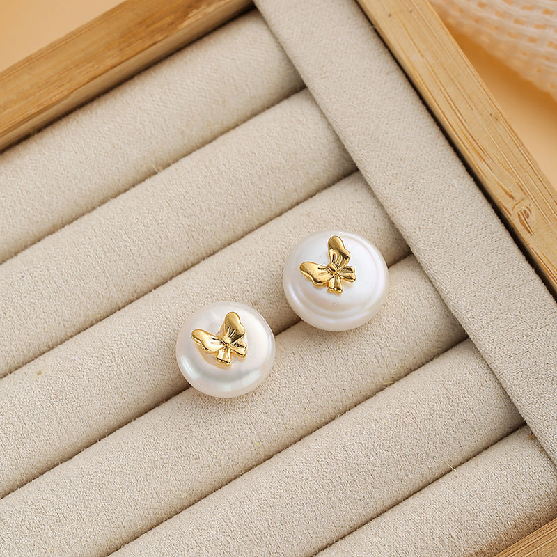 Wholesale  natural pearl earrings silver ear flowers butterfly earrings