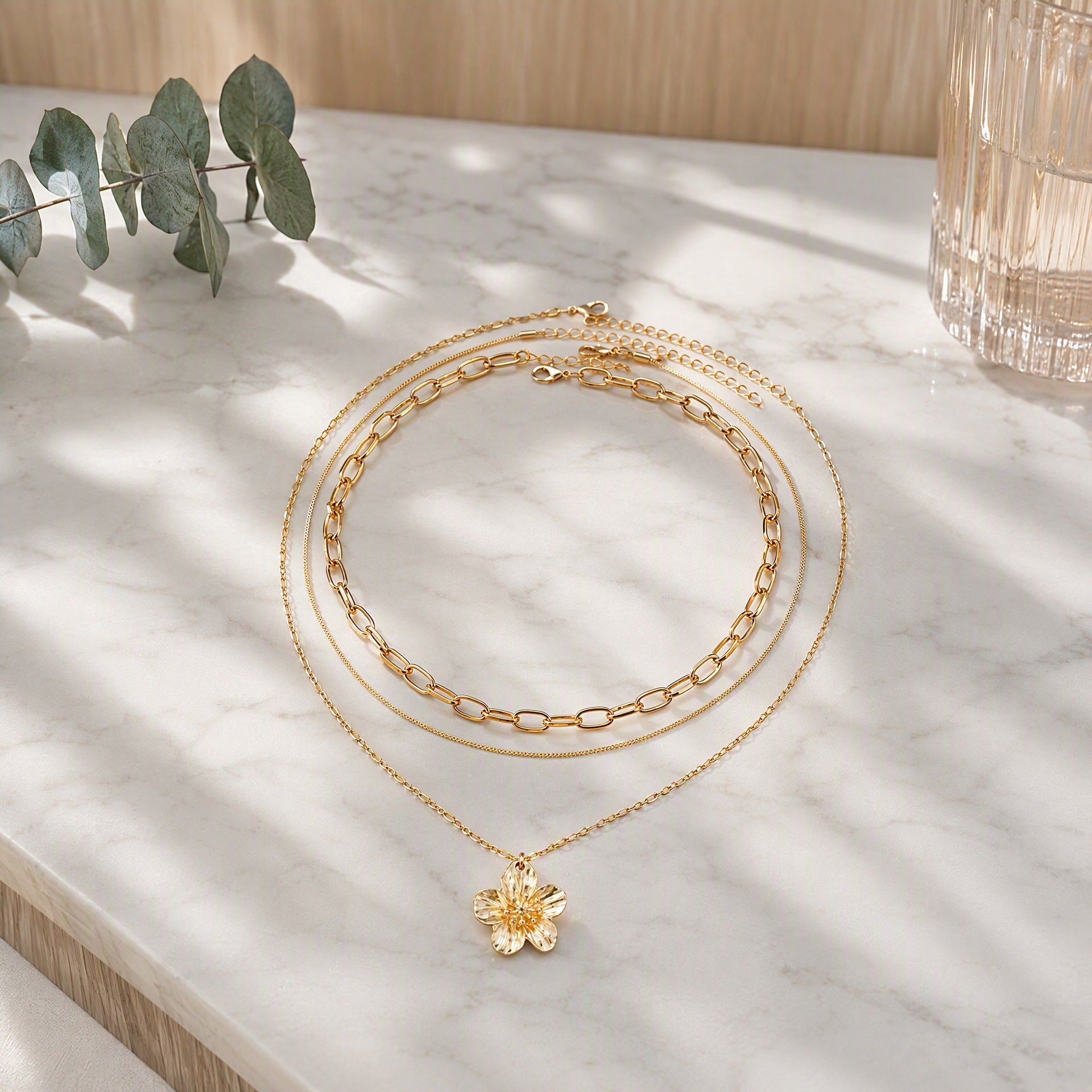 Wholesale Vintage Gold Flower Pendant Necklace Paperclip Chain Layering Jewelry Gift Resale