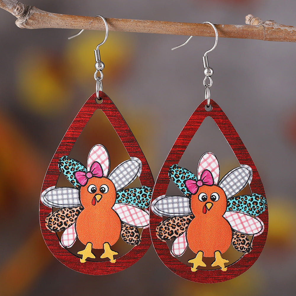 Wholesale Autumn Harvest Thanksgiving Cute Turkey Water Drop Hollow Pendant Earrings