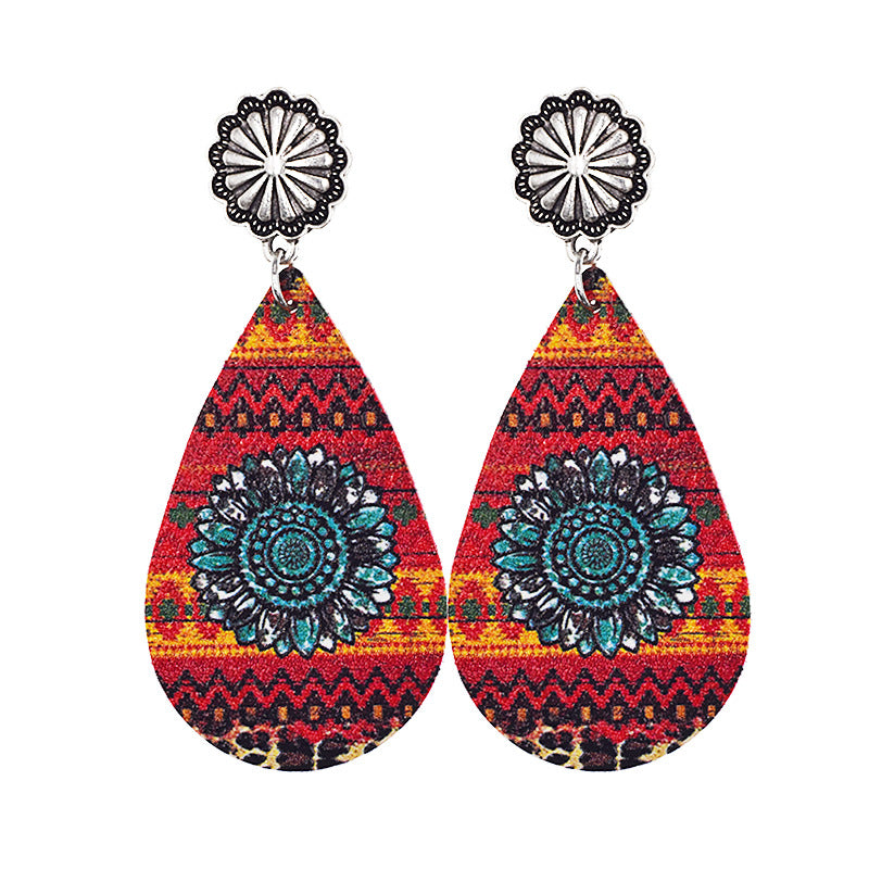 Wholesale Western Denim distressed style sunflower leather earrings